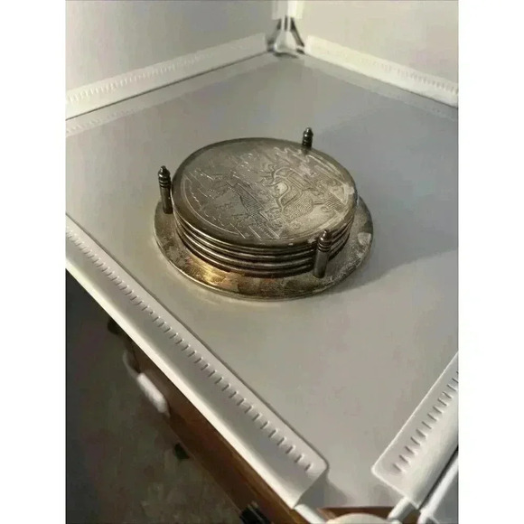 VTG Godinger Christmas Horse Sleigh Coaster Set 4 Silver Plated Holiday Scene - Picture 7 of 8